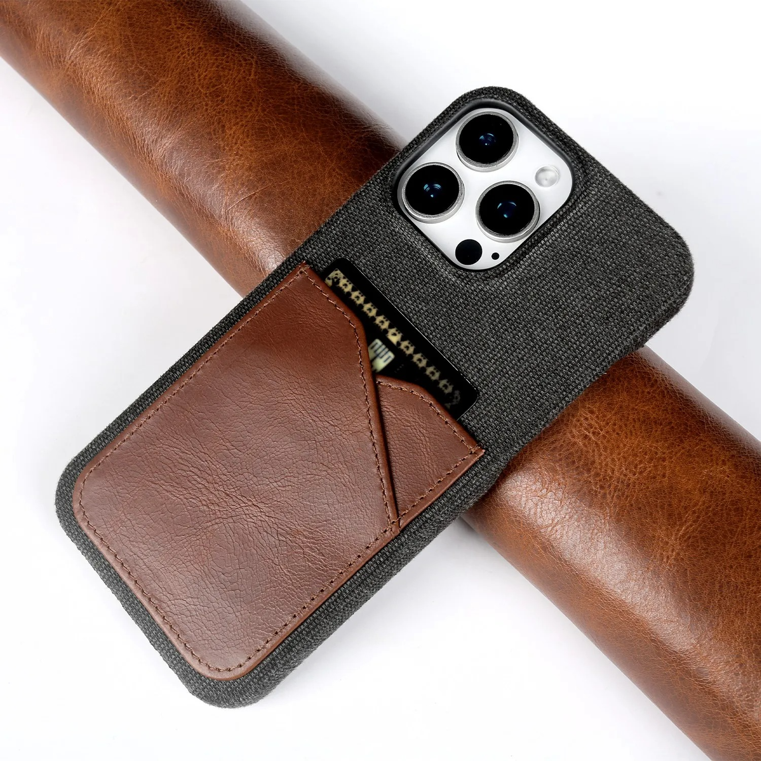 Luxury iPhone Case — Genuine Leather and Cloth Card Slot Cover with Vintage Retro Design, Lightweight Anti-Scratch Non-Slip Protection