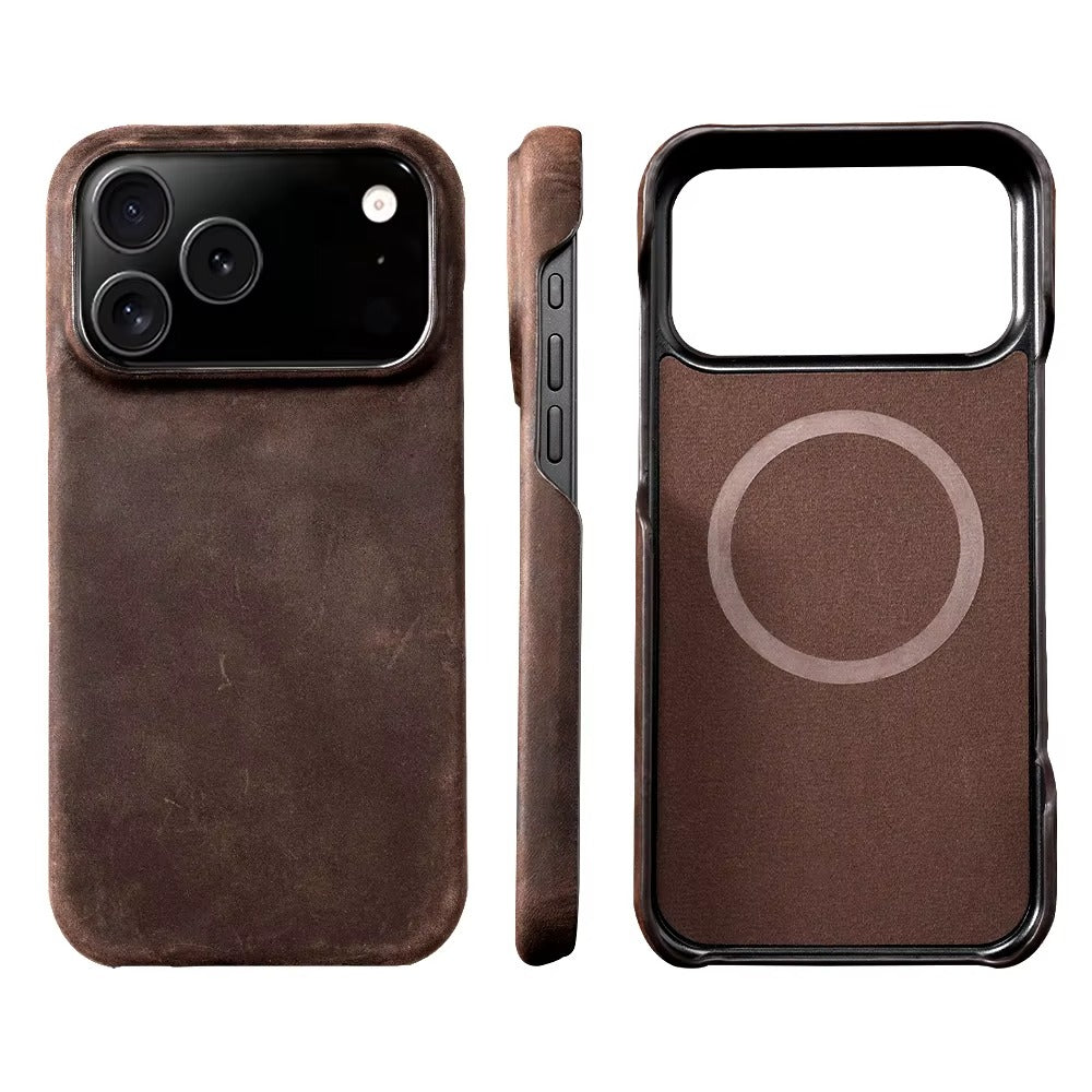 Luxury iPhone Case — Genuine Pull-Up Leather MagSafe Cover with Handcrafted Design, Shockproof Protection and Strong Magnetic Back Finish