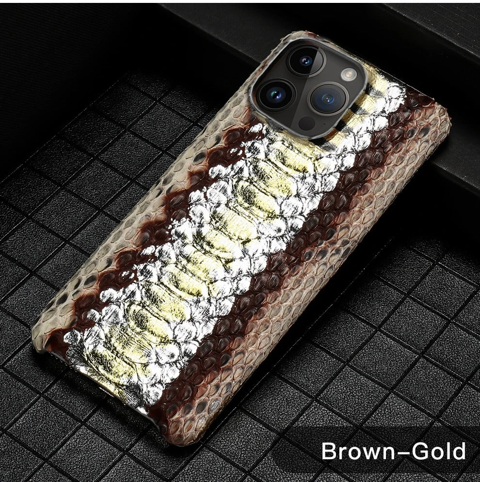 Luxury iPhone Case — Genuine Python Leather Back Cover with Anti-Fingerprint Anti-Scratch Protection, Lightweight Non-Slip PC Hybrid Design