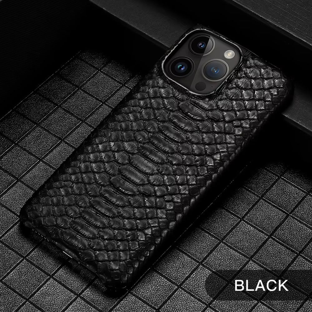 Luxury iPhone Case — Genuine Python Leather Back Cover with Anti-Fingerprint Anti-Scratch Protection, Lightweight Non-Slip PC Hybrid Design