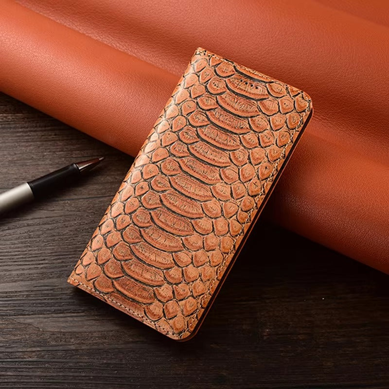 Luxury iPhone Case — Genuine Python Leather Wallet Flip Cover with Snake Skin Design, Card Holder, Non-Slip Grip & Full-Screen Protective Closure