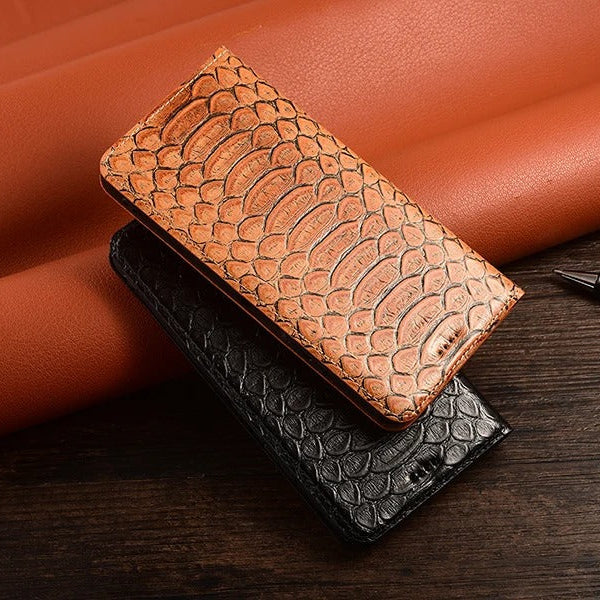 Luxury iPhone Case — Genuine Python Leather Wallet Flip Cover with Snake Skin Design, Card Holder, Non-Slip Grip & Full-Screen Protective Closure