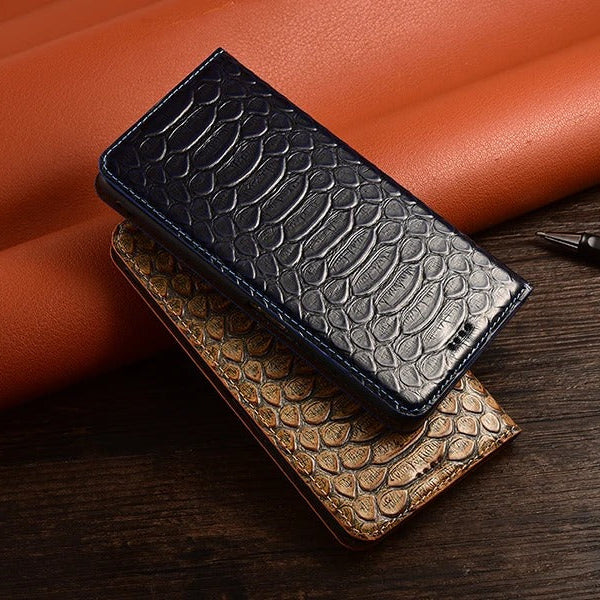 Luxury iPhone Case — Genuine Python Leather Wallet Flip Cover with Snake Skin Design, Card Holder, Non-Slip Grip & Full-Screen Protective Closure