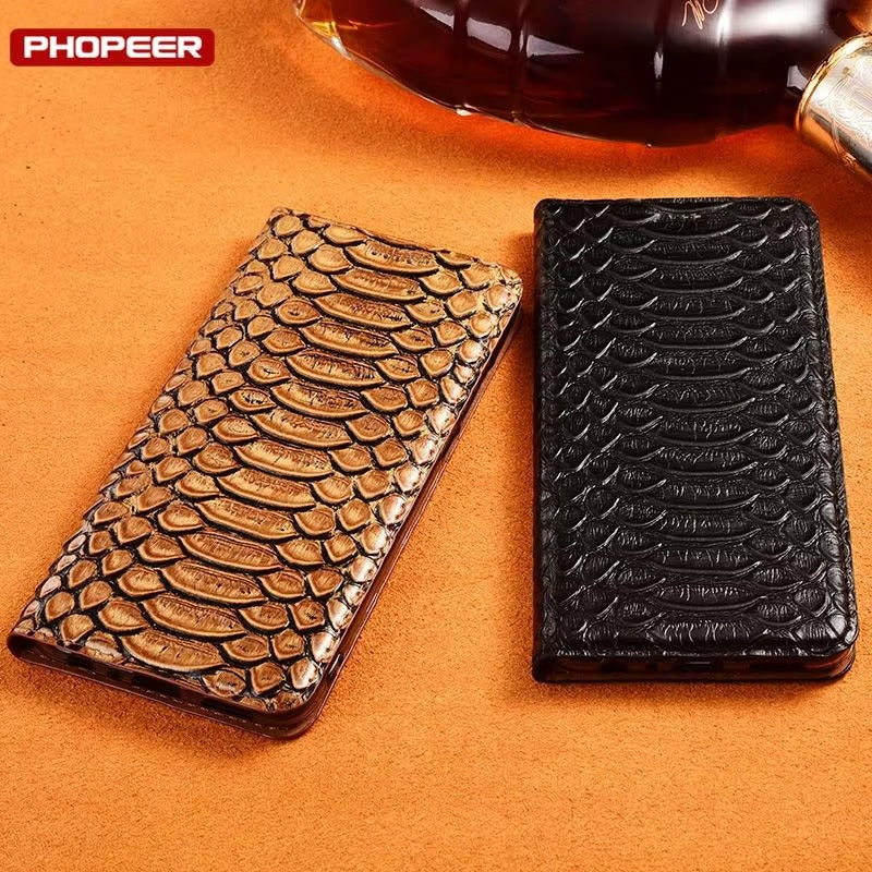 Luxury iPhone Case — Genuine Python Leather Wallet Flip Cover with Snake Skin Design, Card Holder, Non-Slip Grip & Full-Screen Protective Closure