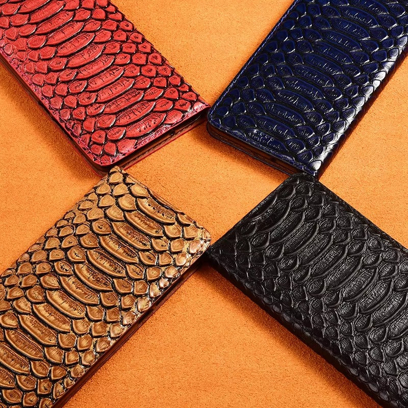 Luxury iPhone Case — Genuine Python Leather Wallet Flip Cover with Snake Skin Design, Card Holder, Non-Slip Grip & Full-Screen Protective Closure