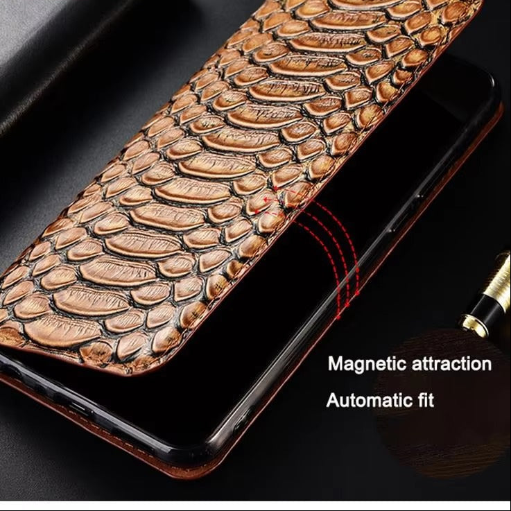 Luxury iPhone Case — Genuine Python Leather Wallet Flip Cover with Snake Skin Design, Card Holder, Non-Slip Grip & Full-Screen Protective Closure