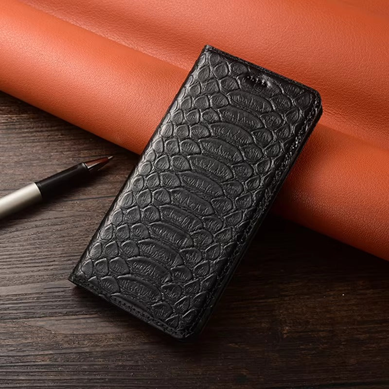Luxury iPhone Case — Genuine Python Leather Wallet Flip Cover with Snake Skin Design, Card Holder, Non-Slip Grip & Full-Screen Protective Closure