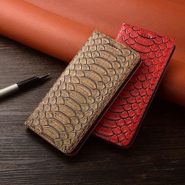 Luxury iPhone Case — Genuine Python Leather Wallet Flip Cover with Snake Skin Design, Card Holder, Non-Slip Grip & Full-Screen Protective Closure