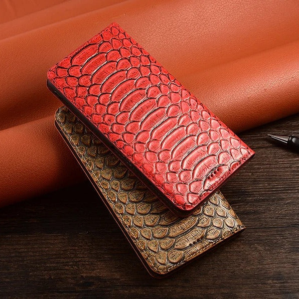 Luxury iPhone Case — Genuine Python Leather Wallet Flip Cover with Snake Skin Design, Card Holder, Non-Slip Grip & Full-Screen Protective Closure
