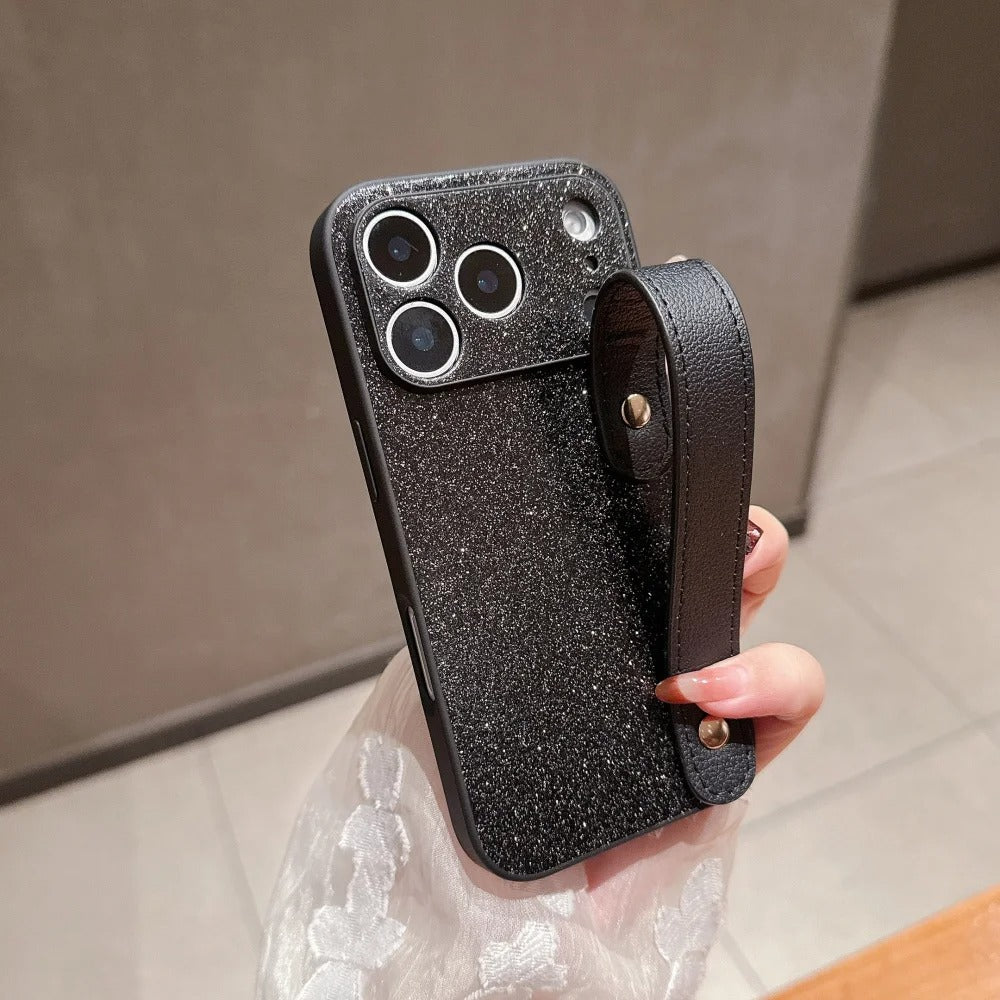 Luxury iPhone Case — Glitter PU Leather Cover with Wrist Strap Holder, Shockproof Lens Protection and Water-Resistant Non-Slip Design