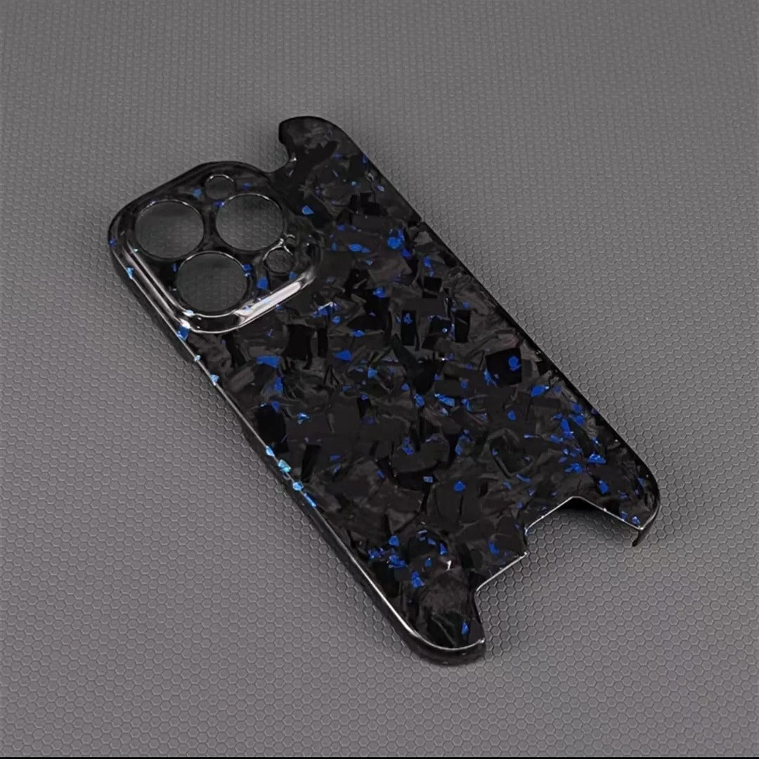Luxury iPhone Case — Glossy Forged Pure Carbon Fiber Ultra-Thin Cover with Glitter Irregular Design, Shockproof Lightweight Half-Wrapped Protection