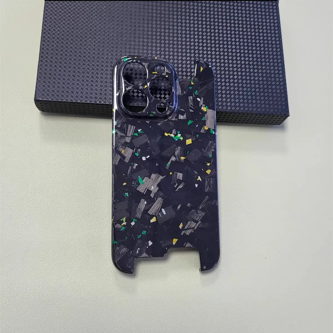 Luxury iPhone Case — Glossy Forged Pure Carbon Fiber Ultra-Thin Cover with Glitter Irregular Design, Shockproof Lightweight Half-Wrapped Protection
