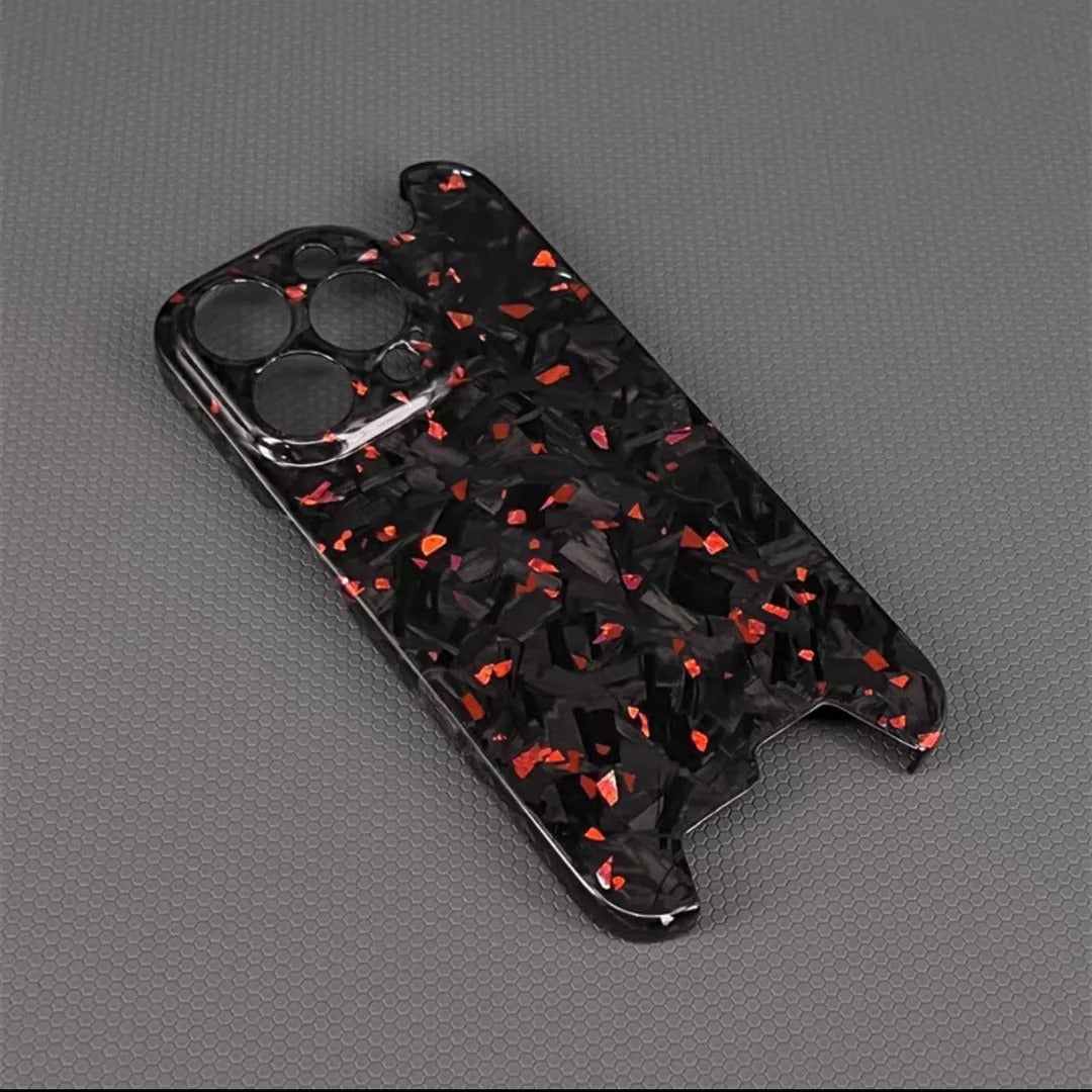 Luxury iPhone Case — Glossy Forged Pure Carbon Fiber Ultra-Thin Cover with Glitter Irregular Design, Shockproof Lightweight Half-Wrapped Protection