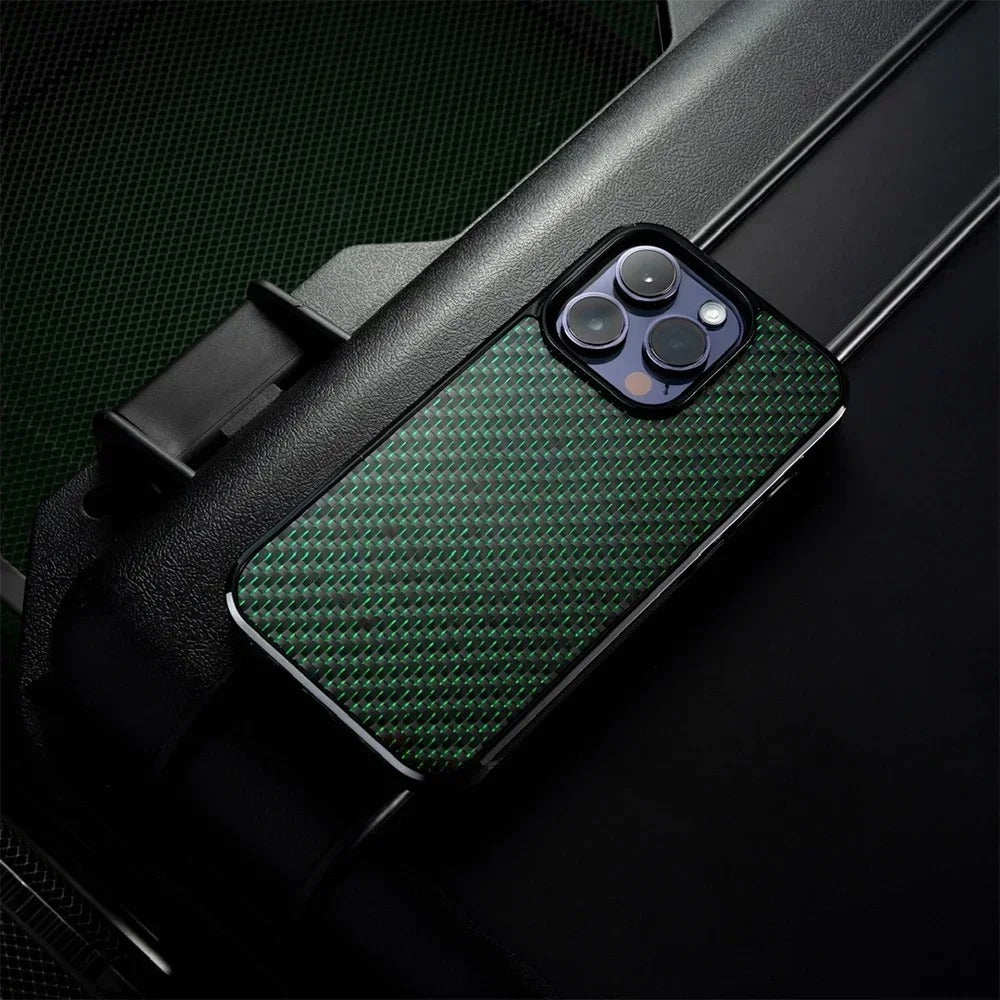 Luxury iPhone Case — Glossy Woven Carbon Fiber MagSafe Cover with Shockproof Dual-Layer Protection, Lightweight Non-Slip Full-Coverage Design