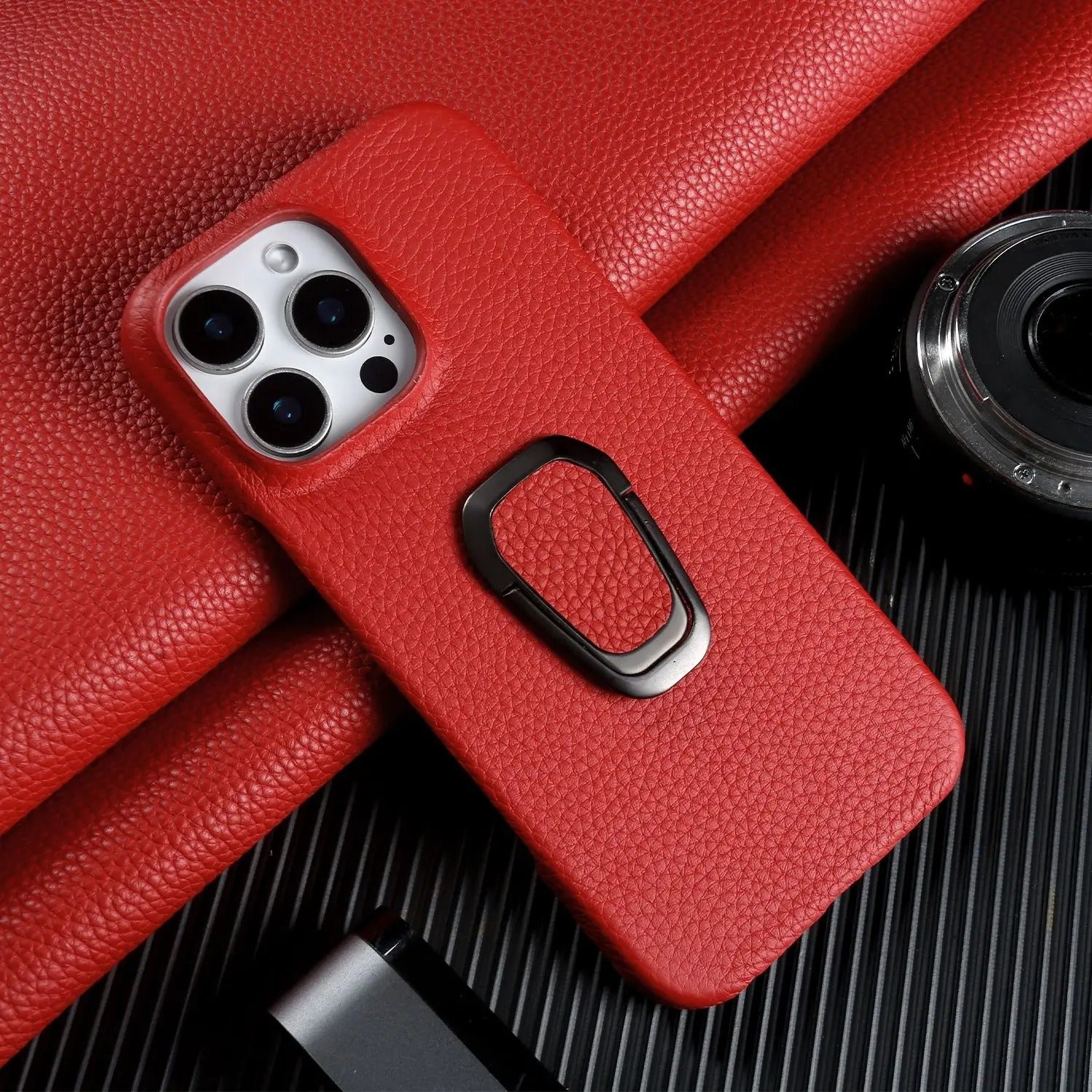 Luxury iPhone Case — Handmade Genuine Leather Cover with Ring Holder, Shockproof PC Shell, Anti-Fingerprint Anti-Scratch Protection & Slim Non-Slip Design