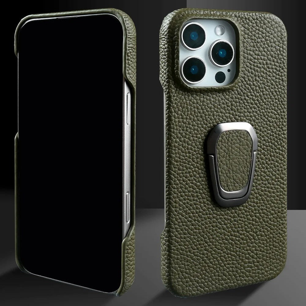 Luxury iPhone Case — Handmade Genuine Leather Cover with Ring Holder, Shockproof PC Shell, Anti-Fingerprint Anti-Scratch Protection & Slim Non-Slip Design