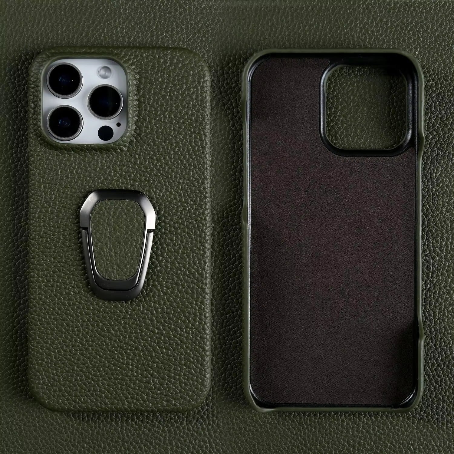 Luxury iPhone Case — Handmade Genuine Leather Cover with Ring Holder, Shockproof PC Shell, Anti-Fingerprint Anti-Scratch Protection & Slim Non-Slip Design