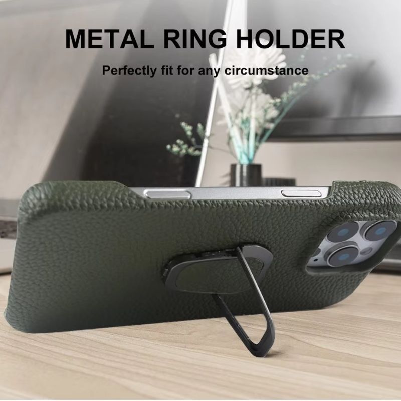 Luxury iPhone Case — Handmade Genuine Leather Cover with Ring Holder, Shockproof PC Shell, Anti-Fingerprint Anti-Scratch Protection & Slim Non-Slip Design