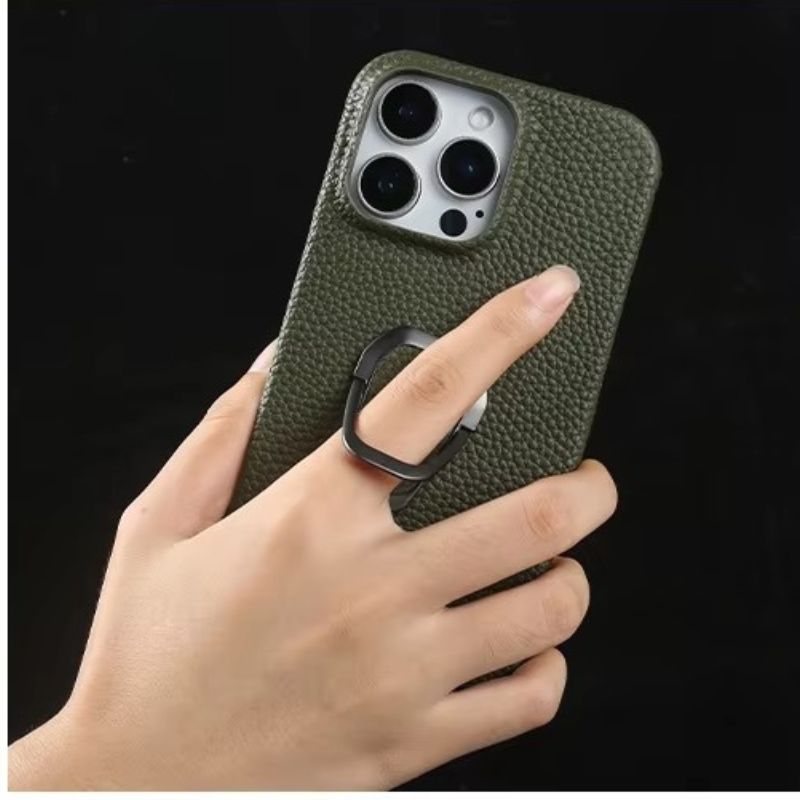 Luxury iPhone Case — Handmade Genuine Leather Cover with Ring Holder, Shockproof PC Shell, Anti-Fingerprint Anti-Scratch Protection & Slim Non-Slip Design