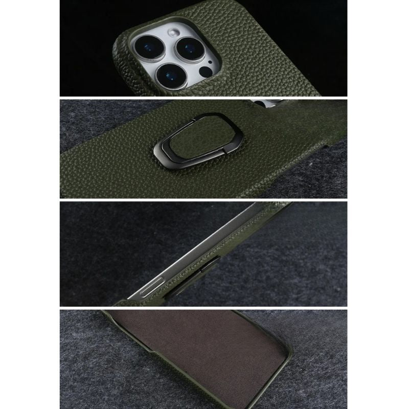 Luxury iPhone Case — Handmade Genuine Leather Cover with Ring Holder, Shockproof PC Shell, Anti-Fingerprint Anti-Scratch Protection & Slim Non-Slip Design