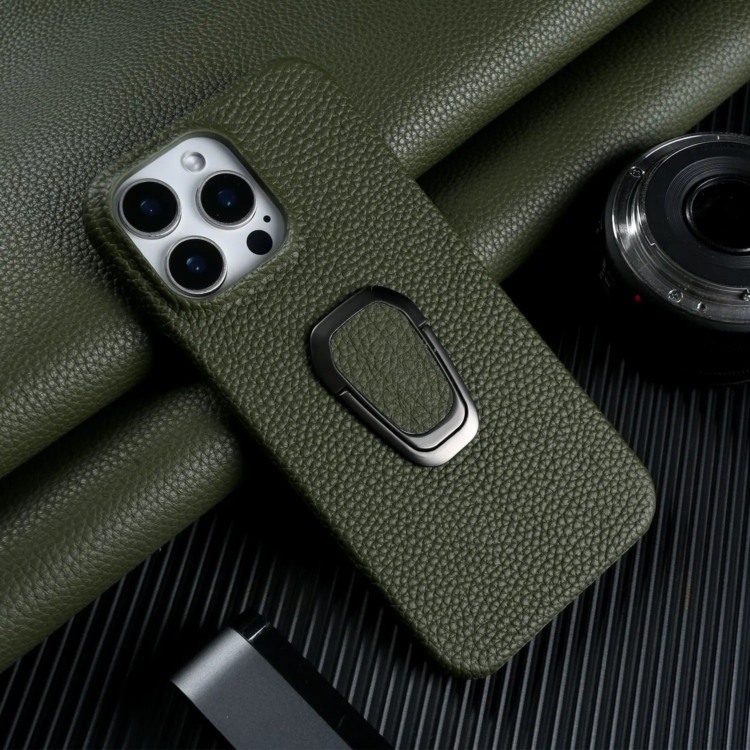 Luxury iPhone Case — Handmade Genuine Leather Cover with Ring Holder, Shockproof PC Shell, Anti-Fingerprint Anti-Scratch Protection & Slim Non-Slip Design