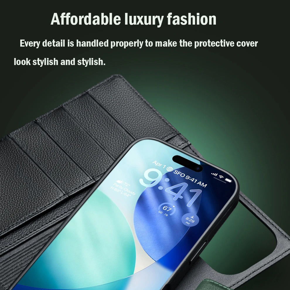 Luxury iPhone Case — Handmade Genuine Leather Wallet Flip Cover with Card Slots, Ultra-Slim Shockproof Design & Horizontal Stand Function