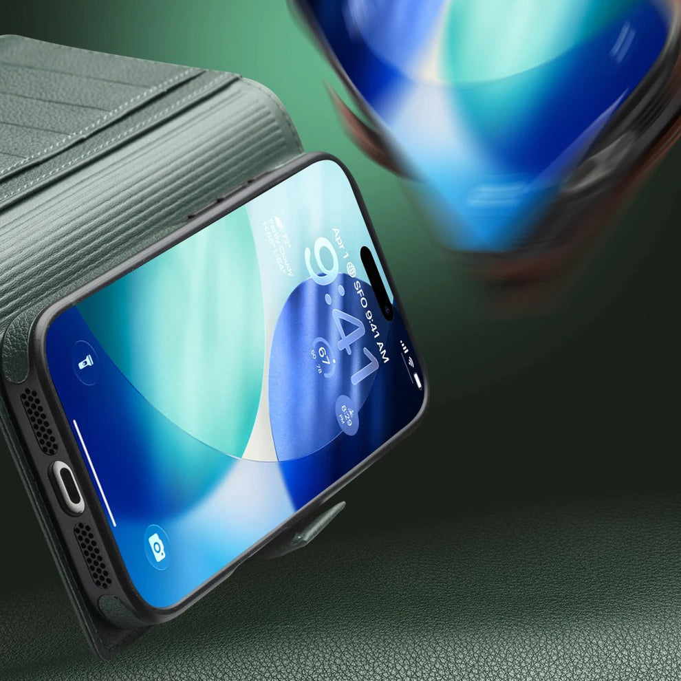 Luxury iPhone Case — Handmade Genuine Leather Wallet Flip Cover with Card Slots, Ultra-Slim Shockproof Design & Horizontal Stand Function