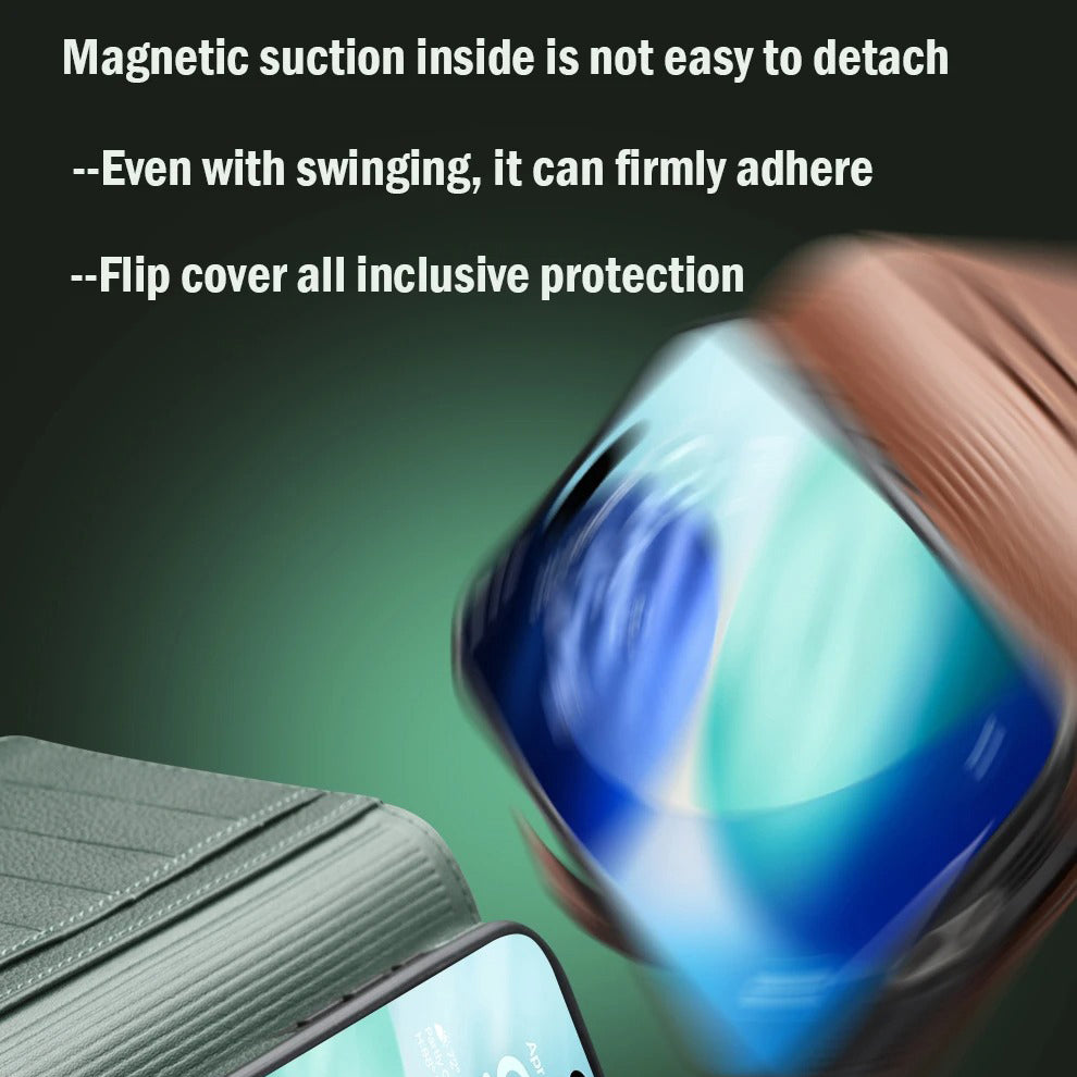 Luxury iPhone Case — Handmade Genuine Leather Wallet Flip Cover with Card Slots, Ultra-Slim Shockproof Design & Horizontal Stand Function