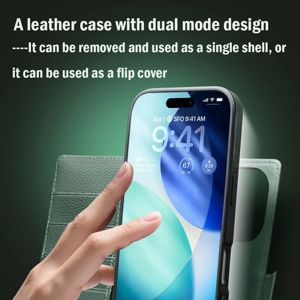Luxury iPhone Case — Handmade Genuine Leather Wallet Flip Cover with Card Slots, Ultra-Slim Shockproof Design & Horizontal Stand Function