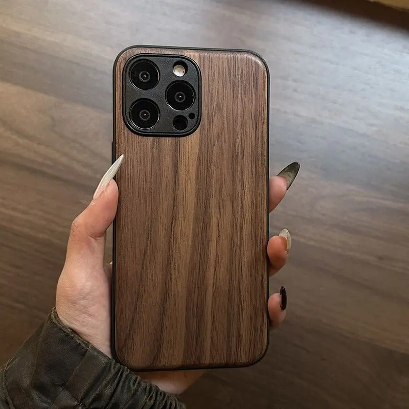 Luxury iPhone Case — Handmade Walnut Wood Protective Cover with TPU Shockproof Frame, Slim Durable Design, Magnetic Attachment for Supported Models