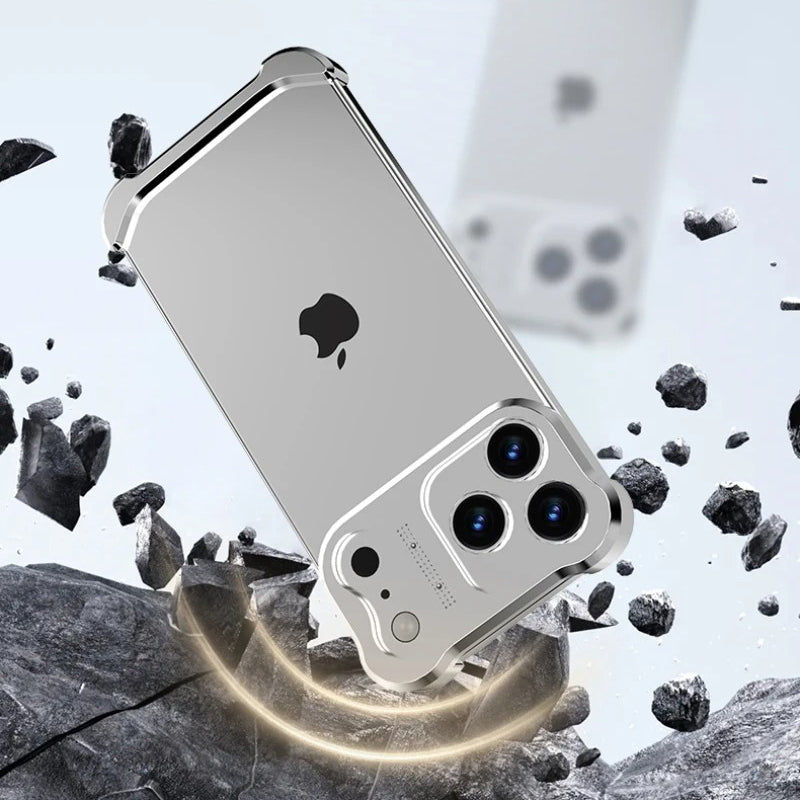 Luxury iPhone Case — Irregular Titanium Alloy Bumper with Shockproof Borderless Design, Lens Protector, Matte Anti-Slip Finish and Lightweight Build