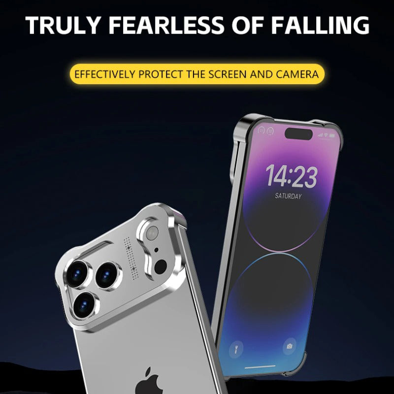 Luxury iPhone Case — Irregular Titanium Alloy Bumper with Shockproof Borderless Design, Lens Protector, Matte Anti-Slip Finish and Lightweight Build