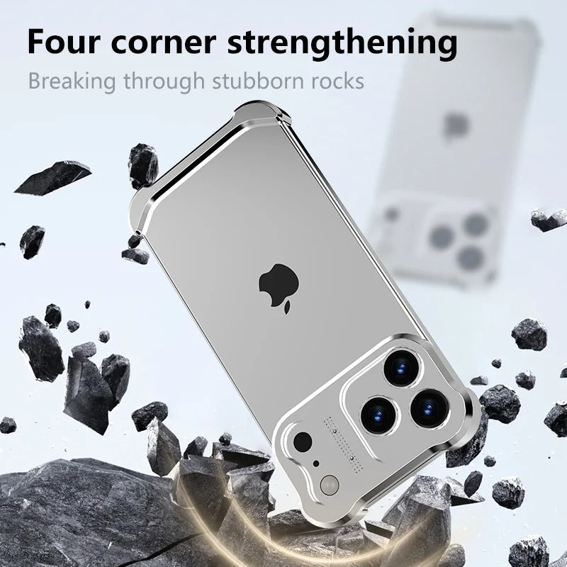 Luxury iPhone Case — Irregular Titanium Alloy Bumper with Shockproof Borderless Design, Lens Protector, Matte Anti-Slip Finish and Lightweight Build