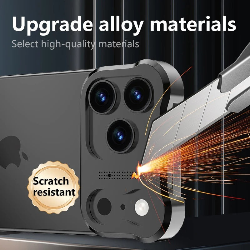 Luxury iPhone Case — Irregular Titanium Alloy Bumper with Shockproof Borderless Design, Lens Protector, Matte Anti-Slip Finish and Lightweight Build