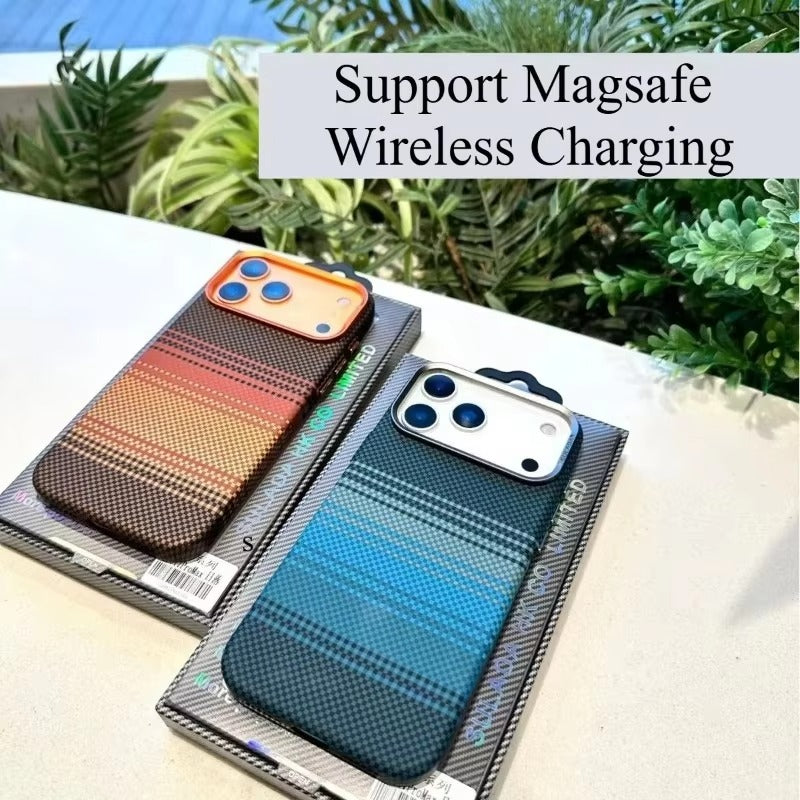 Luxury iPhone Case — Kevlar Carbon-Fiber Texture MagSafe Cover with Tough Shockproof PC Protection and Wireless-Charging Safe Design