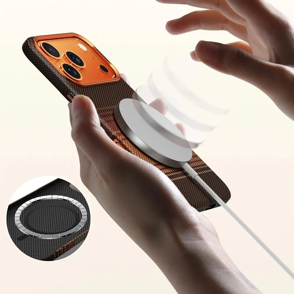 Luxury iPhone Case — Kevlar Carbon-Fiber Texture MagSafe Cover with Tough Shockproof PC Protection and Wireless-Charging Safe Design