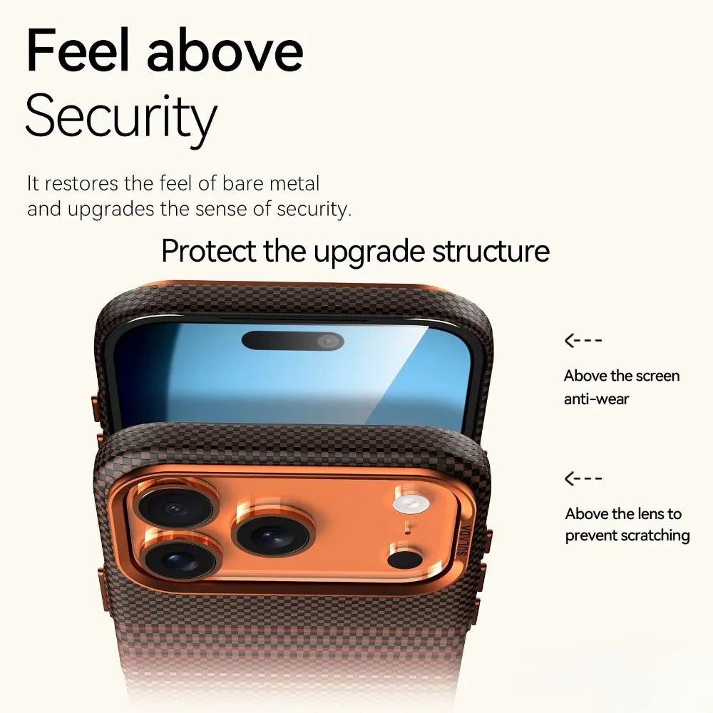 Luxury iPhone Case — Kevlar Carbon-Fiber Texture MagSafe Cover with Tough Shockproof PC Protection and Wireless-Charging Safe Design