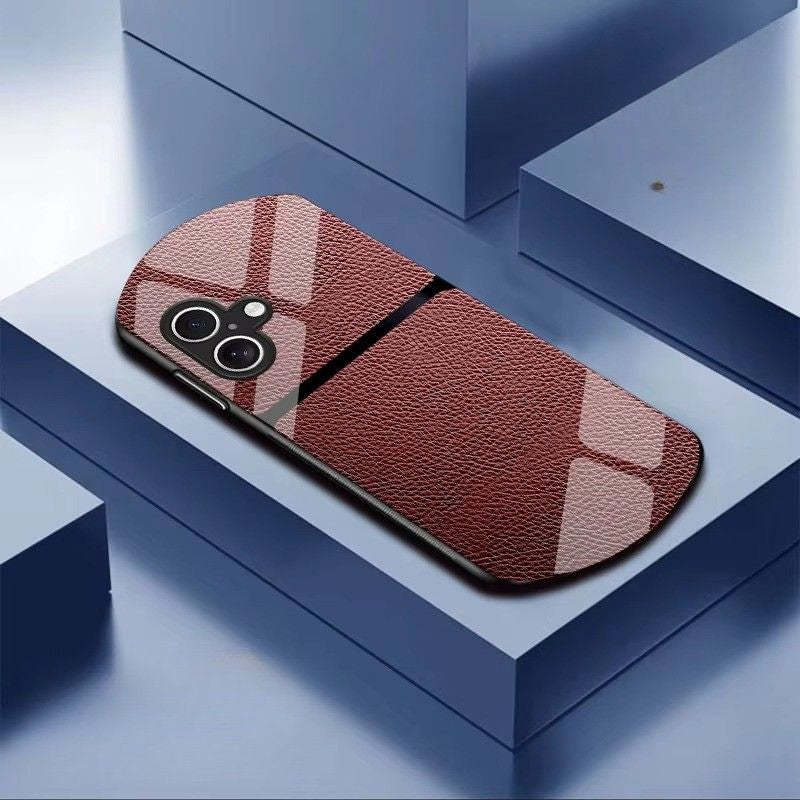 Luxury iPhone Case — Leather-Pattern Tempered Glass Cover with PC+TPU Hybrid Build, Anti-Fingerprint Waterproof Design & Full Screen/Lens Protection