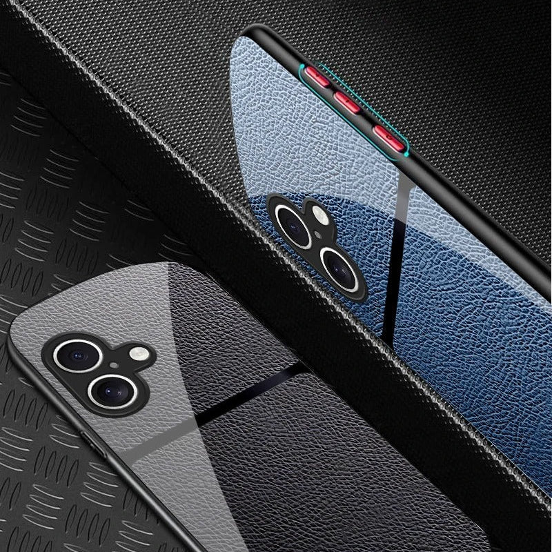 Luxury iPhone Case — Leather-Pattern Tempered Glass Cover with PC+TPU Hybrid Build, Anti-Fingerprint Waterproof Design & Full Screen/Lens Protection