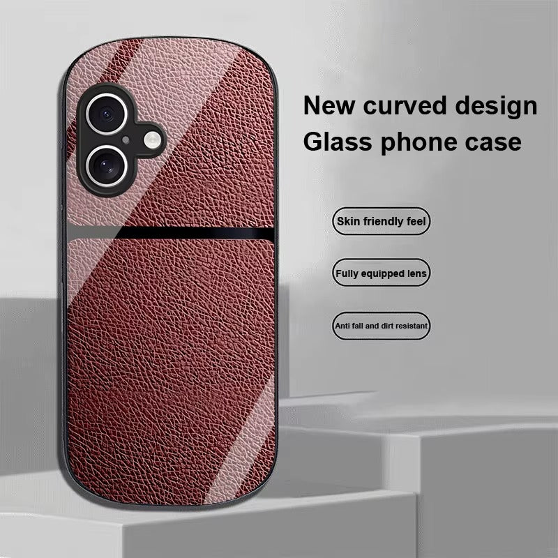 Luxury iPhone Case — Leather-Pattern Tempered Glass Cover with PC+TPU Hybrid Build, Anti-Fingerprint Waterproof Design & Full Screen/Lens Protection