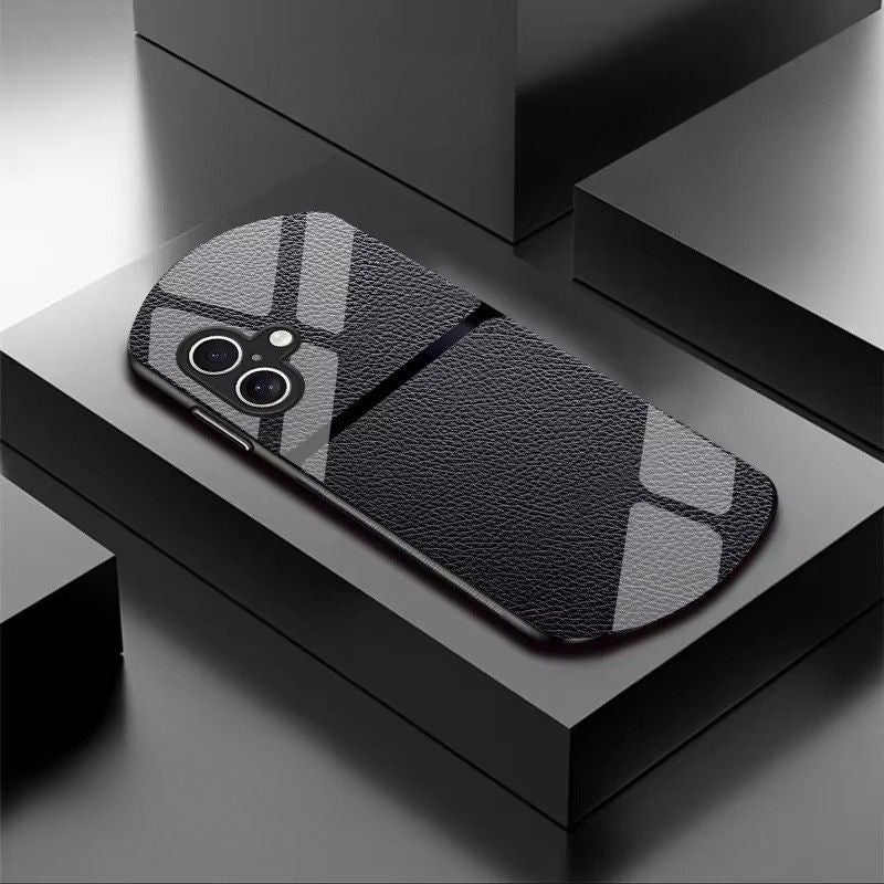 Luxury iPhone Case — Leather-Pattern Tempered Glass Cover with PC+TPU Hybrid Build, Anti-Fingerprint Waterproof Design & Full Screen/Lens Protection