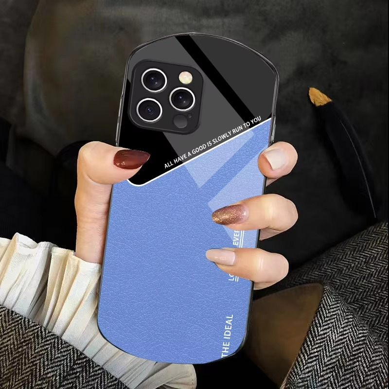 Luxury iPhone Case — Leather Grid Element Tempered-Glass Cover with PC+TPU Build, Full Screen & Lens Protection, Waterproof Anti-Fingerprint Design & Ultra-Thin Style