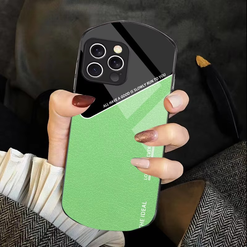 Luxury iPhone Case — Leather Grid Element Tempered-Glass Cover with PC+TPU Build, Full Screen & Lens Protection, Waterproof Anti-Fingerprint Design & Ultra-Thin Style