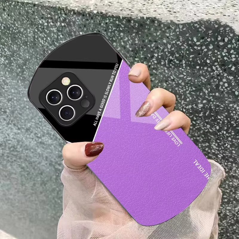 Luxury iPhone Case — Leather Grid Element Tempered-Glass Cover with PC+TPU Build, Full Screen & Lens Protection, Waterproof Anti-Fingerprint Design & Ultra-Thin Style