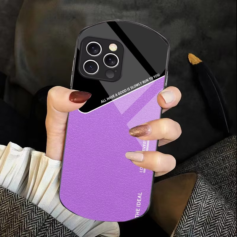 Luxury iPhone Case — Leather Grid Element Tempered-Glass Cover with PC+TPU Build, Full Screen & Lens Protection, Waterproof Anti-Fingerprint Design & Ultra-Thin Style