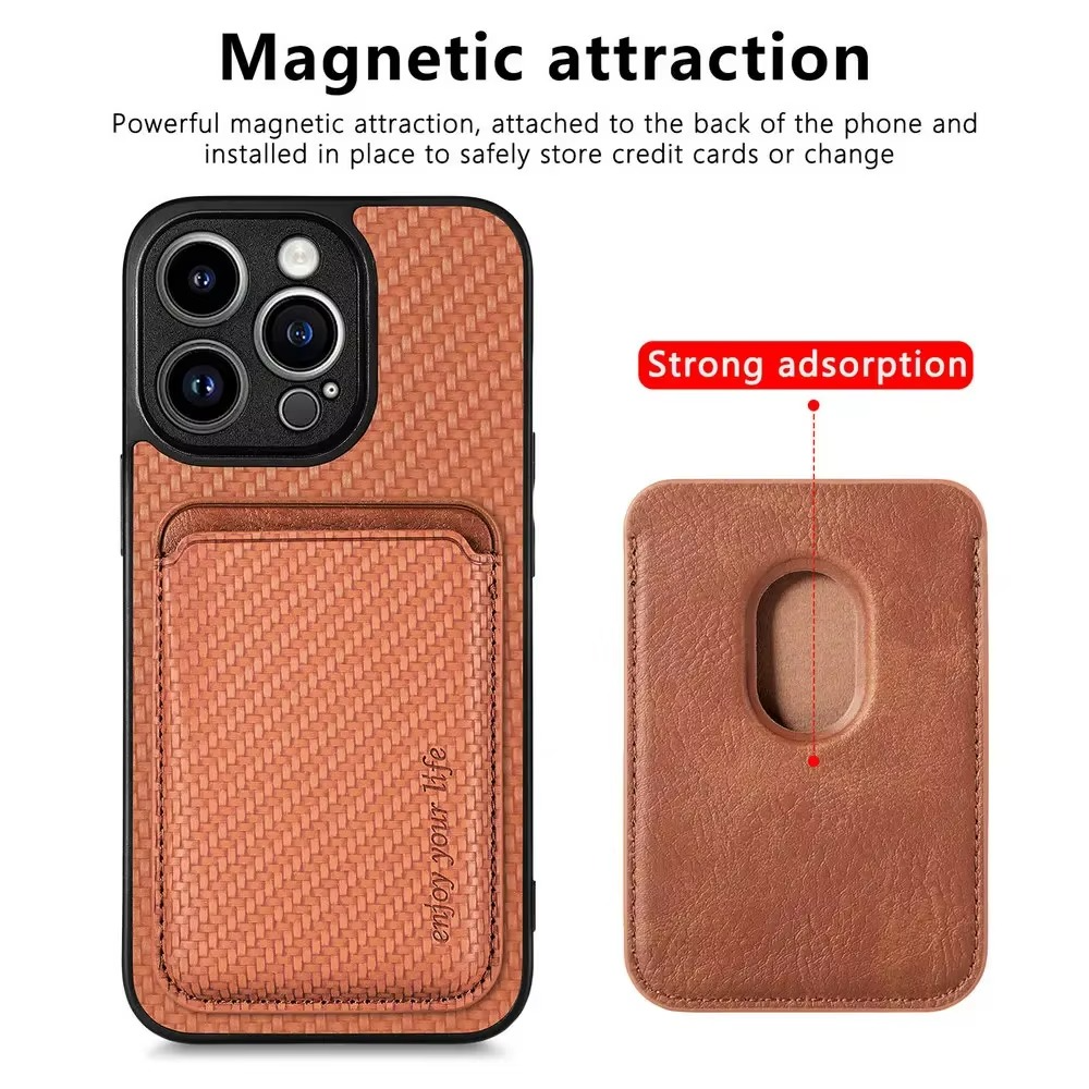 Luxury iPhone Case — MagSafe Carbon-Fiber Style PU Leather Cover with Magnetic Card Holder, Shockproof PC+TPU Protection and Matte Anti-Fingerprint Finish