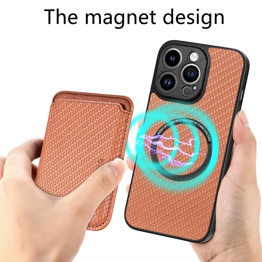 Luxury iPhone Case — MagSafe Carbon-Fiber Style PU Leather Cover with Magnetic Card Holder, Shockproof PC+TPU Protection and Matte Anti-Fingerprint Finish