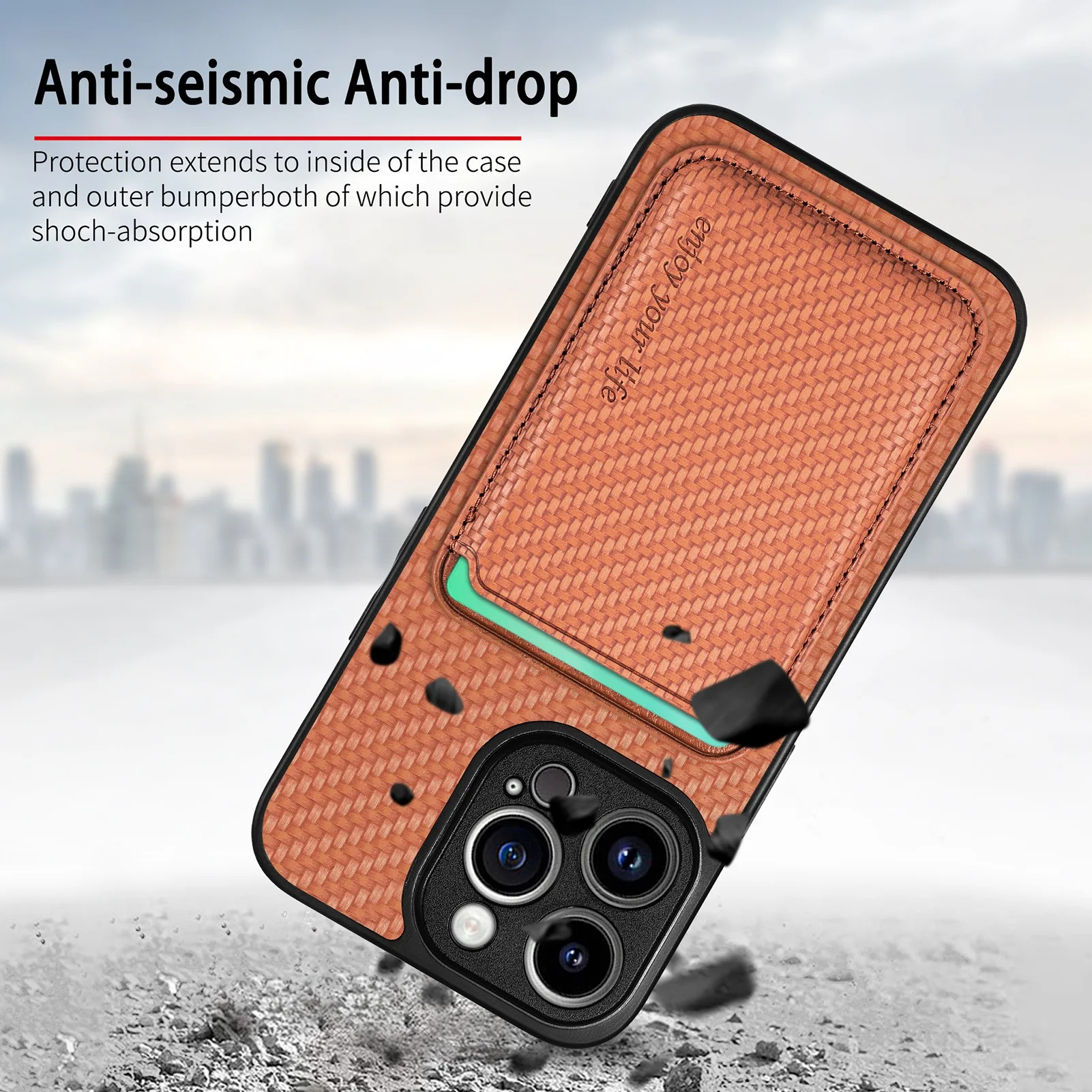 Luxury iPhone Case — MagSafe Carbon-Fiber Style PU Leather Cover with Magnetic Card Holder, Shockproof PC+TPU Protection and Matte Anti-Fingerprint Finish