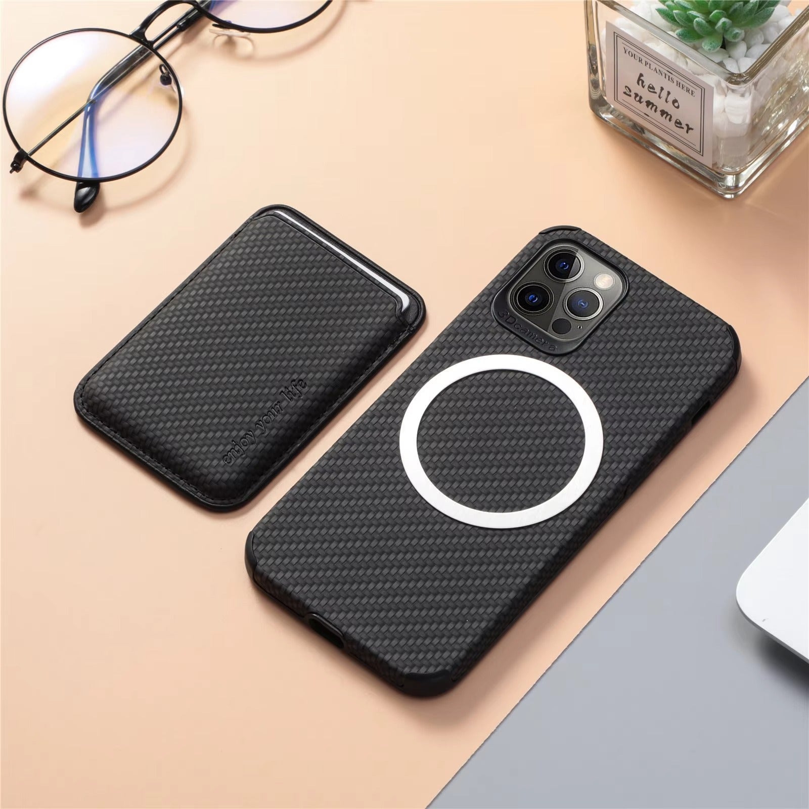 Luxury iPhone Case — MagSafe Carbon Fiber Cover with Detachable Card Holder, Dual-Layer Protection, Matte Anti-Fingerprint Finish and Wireless-Charging Safe Design