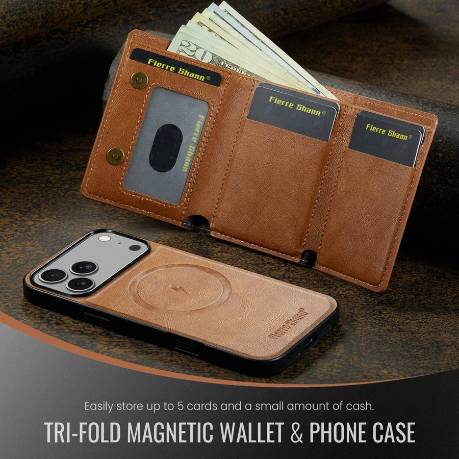Luxury iPhone Case — MagSafe Detachable Leather Wallet Cover with Magnetic Stand, 5-Card Storage, Retro Design and Wireless-Charging Safe Back Case